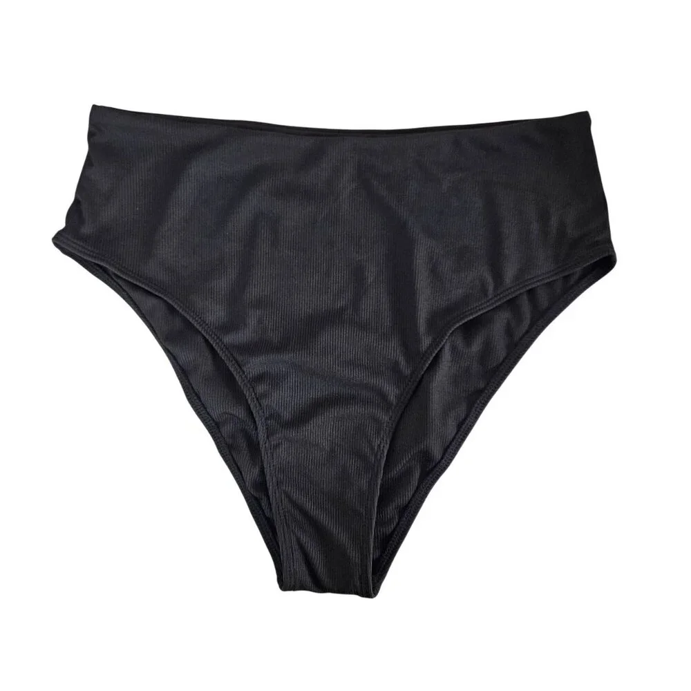 Zaful Womens Black Ribbed High Waist Bikini Set Size XL Knot Front Beach Pool - Picture 4 of 9